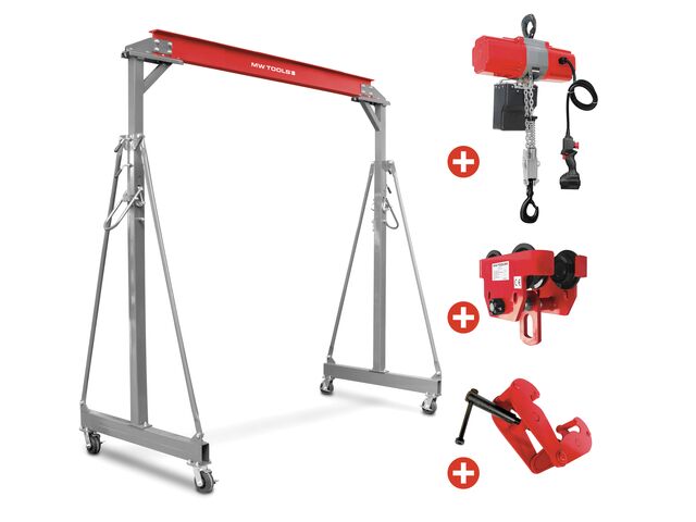 Grue à portique 1 t + palan électrique à chaîne sur batterie 36 V avec chariot et pince à poutre MW Tools PTLK1-SETKTB