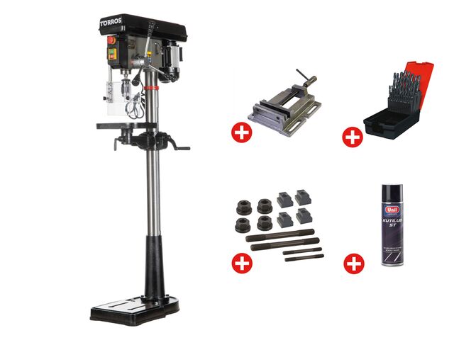 Perceuse à colonne professionnelle jusque ø 20 mm CM2 600W 230V + étau de perçage jeu de boulons jeu mêches aérosol Torros DF20M PACK