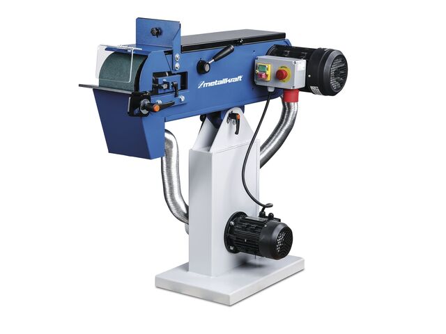 Ponceuse à bande industrielle pour métaux 150x2000 mm 30 m/s 3,6 kW 400V arrêt d'urgence table réglable 10-30° aspiration Metallkraft MBSM150-20 AS