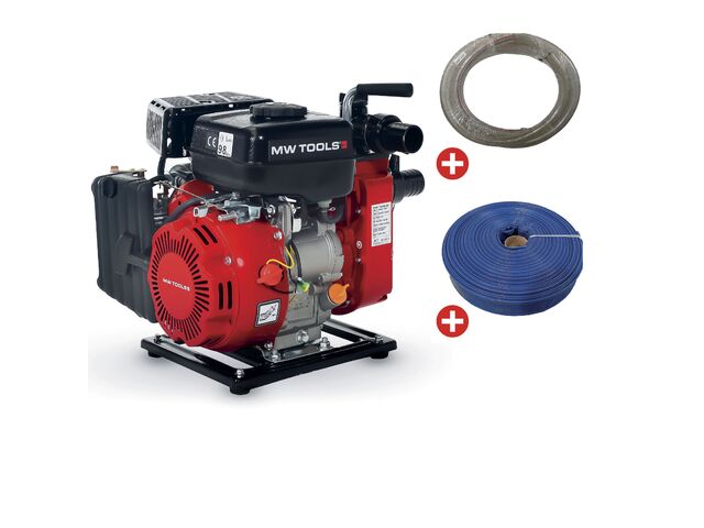 Pack Pompe à eau thermique essence 10.000 L/h 2 CH raccord 1,5 avec tuyau d'aspiration 5 m et tuyau de refoulement 50 m MW Tools WP1000SET