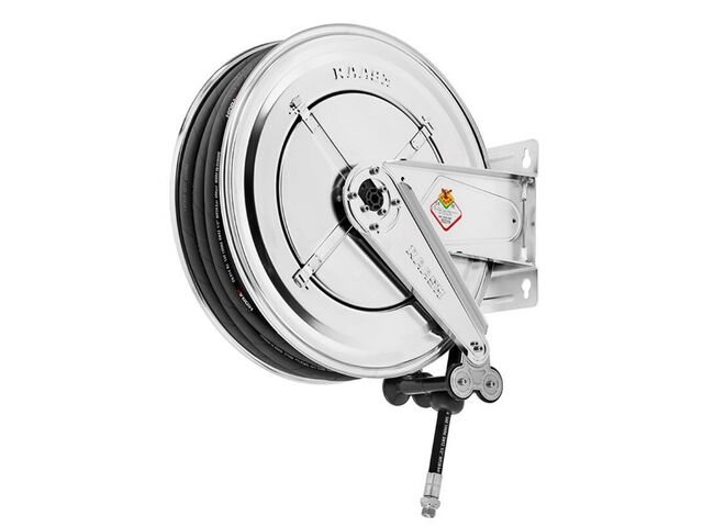 Enrouleur air et eau 25 m Ø G 1/2 (f) 20 bars Inox 304 avec enroulement automatique et support mural fixe Raasm RA.8532.102