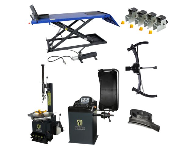 Démonte-pneus 24'' + Pont élévateur moto + équilibreuse 24″ + adaptateurs | Pack Garage Motos