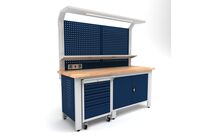 Établi d&amp;#039;atelier industriel 2000 mm PRACO W T51 - Plateau en hêtre massif - Éclairage LED - Tiroirs et armoire MW Tools PRAW2000T51