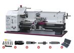 Tour à métaux d'établi hauteur des pointes 125 mm entre-pointes 550 mm alésage 26 mm 0,75 kW 400V 6 vitesses avec accessoires Optiturn TU2506 PACK 400V