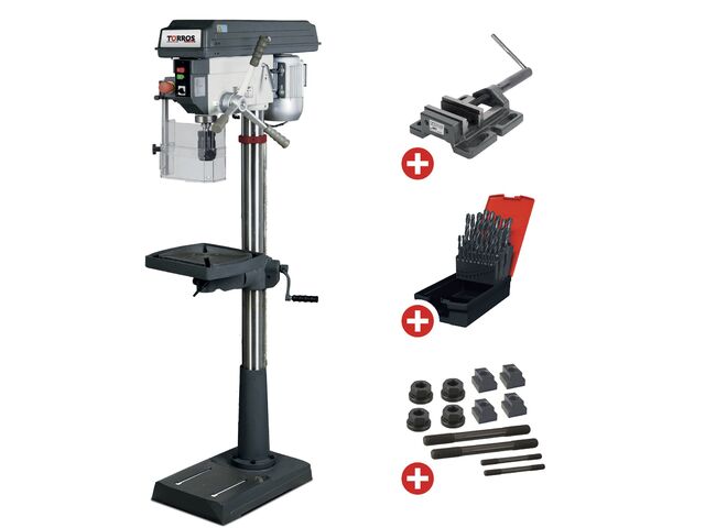 Perceuse à colonne jusque ø 25 mm CM3 750W 230V + étau de perçage + jeu de boulons + jeu de mèches Torros PACK FS25M