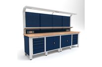Établi d&amp;#039;atelier industriel 3100 mm PRACO W T75 - Plateau en hêtre massif - Éclairage LED - Tiroirs et armoire MW Tools PRAW3100T75