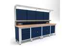 Établi d'atelier industriel 3100 mm PRACO W T75 - Plateau en hêtre massif - Éclairage LED - Tiroirs et armoire MW Tools PRAW3100T75