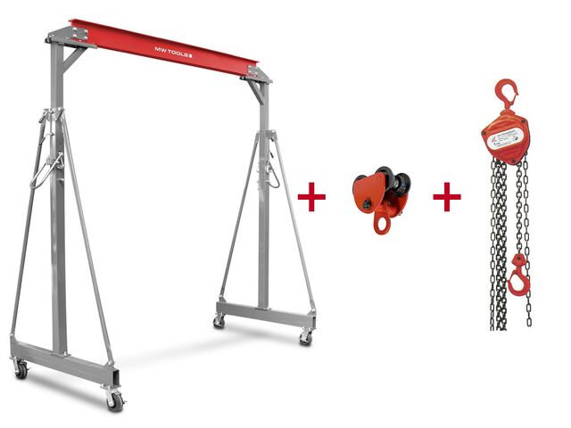Grue à portique 2 t + palan à chaînes avec chariot intégré 2000kg MW Tools PTLK2-SET2000