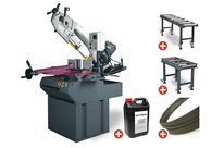 Scie à ruban pour métaux -45°/+60° capacité 255 mm 1,5 kW 400 V avec convoyeurs 1 m et 2 m + 5 lames de scie et 5 L d&#039;huile de refroidissement Optisaw S300DG PACK2