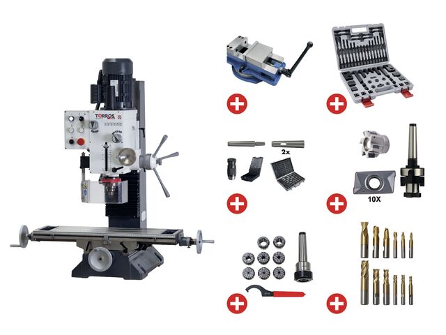 Perceuse-fraiseuse X 450 mm Y 200 mm Z 430 mm CM4/M16 1,1 kW 230V avec les accessoires essentiels Torros PACK PF45G 230V