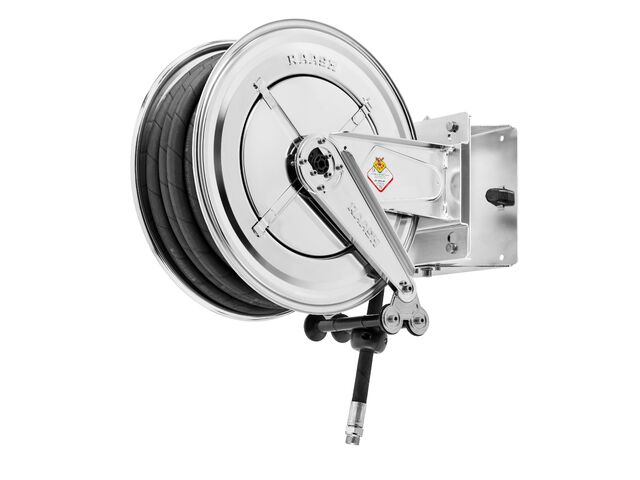 Enrouleur air et eau 15 m Ø G 1 (f) 20 bars Inox 304 avec enroulement automatique et support mural pivotant Raasm RA.8552.103