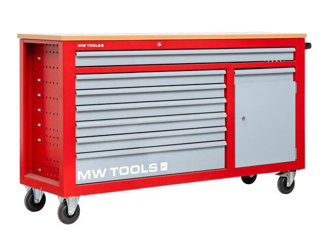Servante d'atelier 7 tiroirs + 1 armoire rouge et grise XXL 1640 mm avec plan de travail stratifié MW Tools GW307K