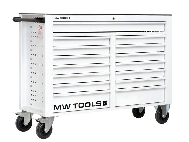 Servante d&#039;atelier 15 tiroirs blanche XXL 1415 mm robuste en acier soudé verrouillable roues ø125 mm MW Tools GW115W