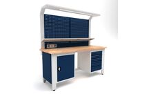 Établi d&amp;#039;atelier industriel 2000 mm PRACO W T34 - Plateau en hêtre massif - Éclairage LED - Tiroirs et armoire MW Tools PRAW2000T34