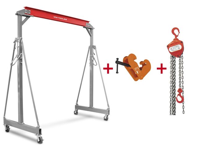 Grue à portique 3 t + palan à chaînes avec pince à poutre MW Tools PTLK3-SET3000