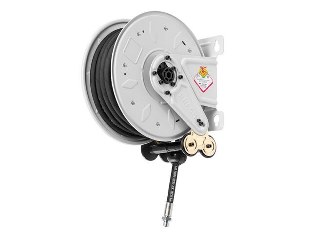 Enrouleur air et eau 15 m Ø G 3/8 (f) 20 bars Acier peint avec enroulement automatique et support mural fixe Raasm RA.8290.104