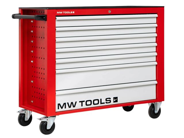 Servante d'atelier 7 tiroirs rouge et grise extra large 1135 mm avec verrouillage intégré dans la poignée roues ø125 mm MW Tools GW307