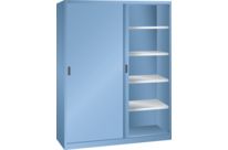 Armoire à 2 portes coulissantes en tôle pleine, 8 rayons | KEY Lock Bleu clair RAL 5012