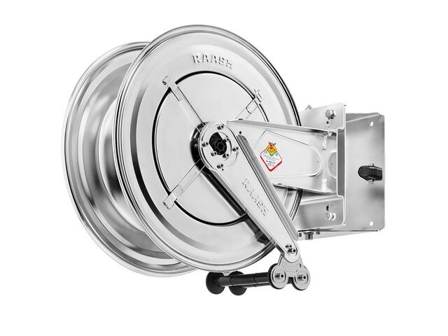 Enrouleur d&#039;eau chaude sans tuyau Ø 3/8 200 bars Inox 304 avec enroulement automatique et support mural pivotant Raasm RA.8554.300