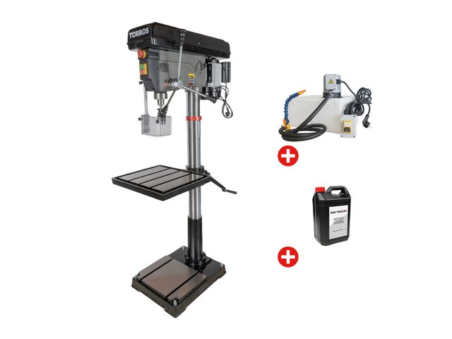 Perceuse à colonne professionnelle jusque ø 30 mm CM3 1,5 kW 230V avec système de refroidissement et bidon de 5L d'huile Torros DF30M PACK COOL