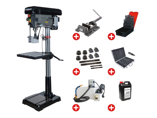 Perceuse à colonne professionnelle jusque ø 30 mm CM3 1,5 kW 400V + accessoires indispensables et unité d'arrosage Torros DF30T PACK PRO