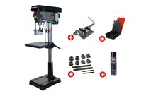 Perceuse à colonne professionnelle jusque ø 32 mm CM4 1,5 kW 400V + étau de perçage jeu de boulons jeu mêches aérosol Torros DF34T PACK