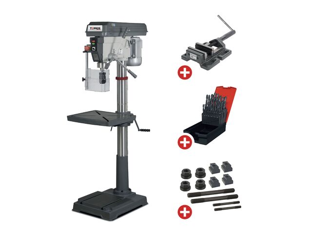 Perceuse à colonne jusque ø 30 mm CM4 1,1 kW 230V + étau de perçage + jeu de boulons + jeu de mèches Torros PACK FS32M
