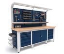 Établi d'atelier industriel 3720 mm PRACO M T31 - Plateau en hêtre massif - Éclairage LED - Tiroirs et armoire MW Tools PRAM3720T31
