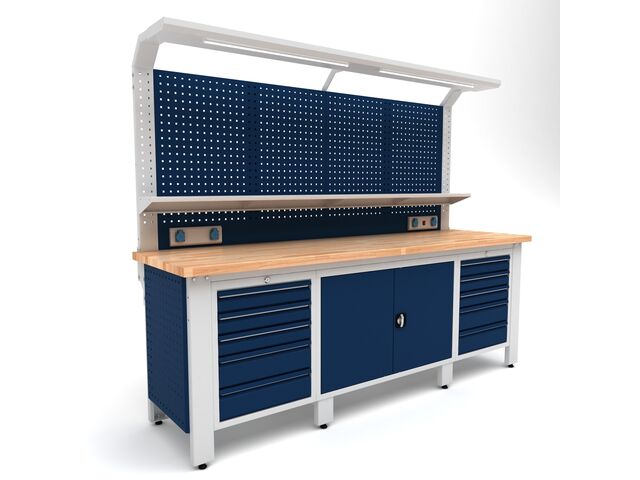 Établi d'atelier industriel 2500 mm PRACO W T31 - Plateau en hêtre massif - Éclairage LED - Tiroirs et armoire MW Tools PRAW2500T31