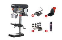 Perceuse d&amp;#039;établi jusque ø 16 mm raccord CM2 400W 230V 5 vitesses + étau de perçage jeu de boulons jeu mêches aérosol Torros DT16M PACK