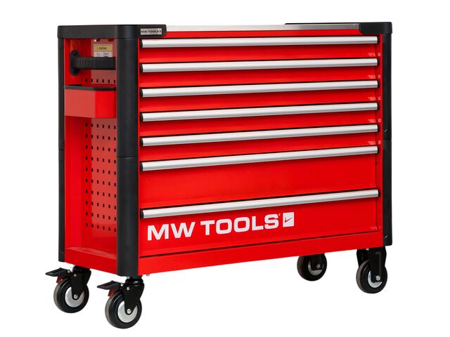 Servante d'atelier 7 tiroirs rouge et noire extra large 960 mm finition haute qualité avec plan de travail en acier inoxydable MW Tools GWB307