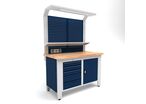 Établi d'atelier industriel 1400 mm PRACO W T66 - Plateau en hêtre massif - Éclairage LED - Tiroirs et armoire MW Tools PRAW1400T66