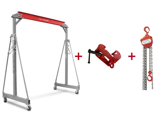 Grue à portique 1 t + palan à chaînes avec pince à poutre MW Tools PTLK1-SET1000C
