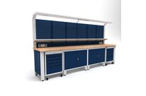 Établi d&amp;#039;atelier industriel 3700 mm PRACO W T72 - Plateau en hêtre massif - Éclairage LED - Tiroirs et armoire MW Tools PRAW3700T72