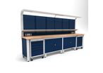 Établi d'atelier industriel 3700 mm PRACO W T72 - Plateau en hêtre massif - Éclairage LED - Tiroirs et armoire MW Tools PRAW3700T72