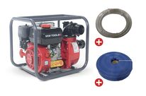 Pack Pompe à eau thermique essence 48.000 L/h 7 CV raccord 3 avec tuyau d&#039;aspiration 5 m et tuyau de refoulement 50 m MW Tools WP4800SET