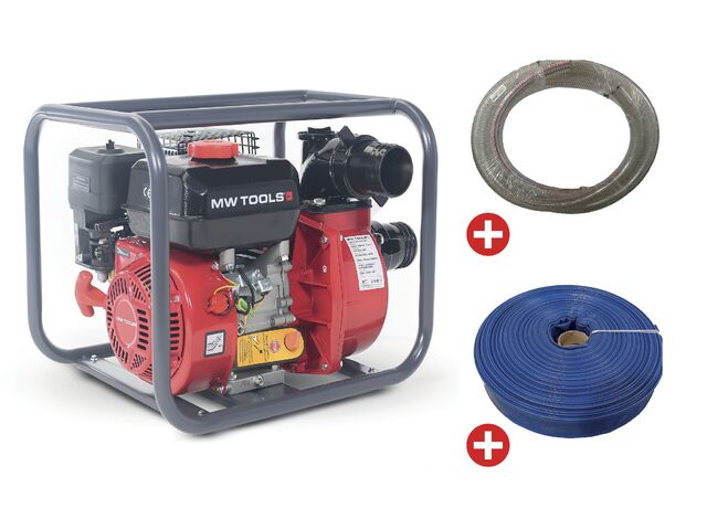 Pack Pompe à eau thermique essence 48.000 L/h 7 CV raccord 3 avec tuyau d&#039;aspiration 5 m et tuyau de refoulement 50 m MW Tools WP4800SET
