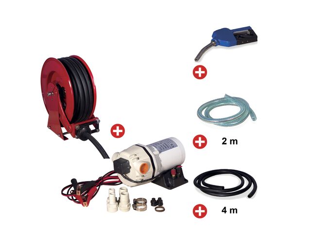 Pack enrouleur AdBlue 15 m Ø 3/4 20 bars Acier peint avec pompe 12 V pistolet et tuyaux MW Tools SHAD3415 SET3 12