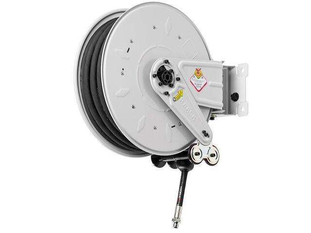 Enrouleur d&#039;eau chaude 17 m Ø 1/2 100 bars acier peint avec enroulement automatique et support mural pivotant Raasm RA.8380.202